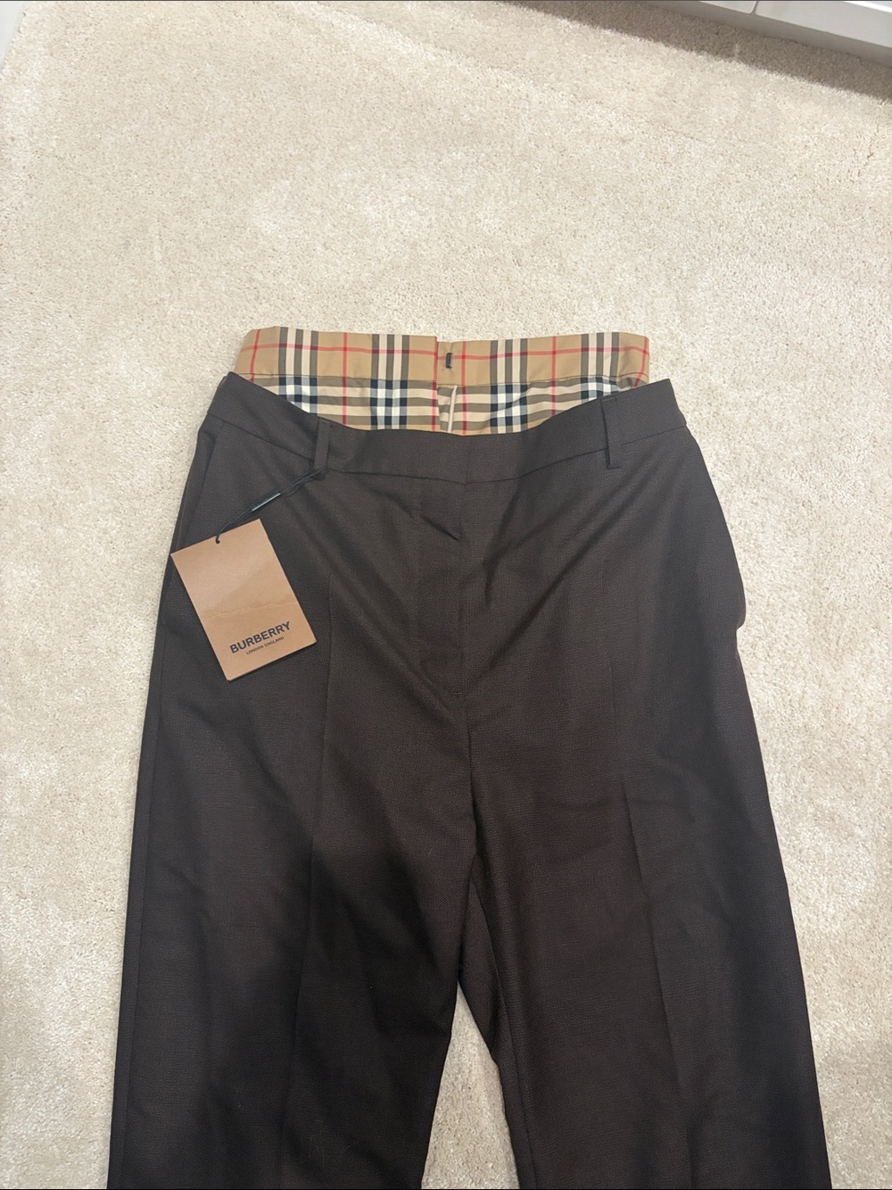 Burberry Brown Women’s Dress Trousers with Signature Check Waistband